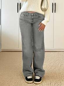 MYOURSA 女士低腰直筒水洗牛仔裤，宽松版型，休闲通勤日常穿着，灰色 - 淺灰色 - 查看 3