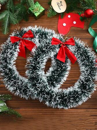 2pcs Christmas Wreath With Red Bow, Artificial Christmas Garland Creative Winter Decoration Christmas Tree Hanging Ornaments For Window Front Door Kitchen Shop Indoor Outdoor Decor Supplies Home Decor Christmas Decorations Room Decor Christmas Decorations Home Christmas Gifts Christmas Decor