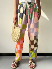 2025夏季休闲度假海滩时尚街头风格抽绳撞色格纹裤装女士早午餐装 - 彩色 - 查看 3