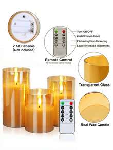 1/3 件无焰蜡烛灯，带定时器/遥控器，电池供电，逼真的灯芯蜡烛灯，温暖的火焰，适用于家庭、卧室、生日、婚礼、求婚、圣诞节、万圣节、公司聚会 - 金色 - 查看 9