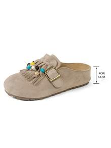 女士新款厚底鞋，牛津鞋款式，厚底高跟，休闲套脚鞋，包头设计，流苏串珠装饰，舒适百搭，适合户外旅行、休闲场合和居家穿着。 - 卡其色 - 查看 7