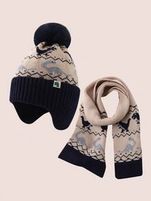 2pcs Dinosaur Kids Hat And Scarf Set, Cute Winter Knit Beanie And Neck Warmer For Baby Boys And Girls - Multicolor - View 1