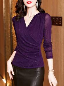 女士紫色网纱V领上衣，交叉褶裥设计长袖T恤，柔软修身，舒适打底衫，女士上衣，女士T恤，女士休闲服装 - 紫色 - 查看 4