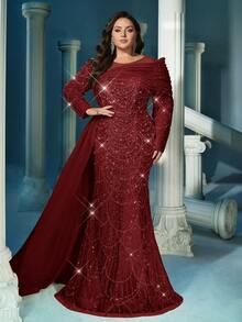 闪耀迷人香槟色加大码亮片长袖美人鱼下摆礼服裙（大量缀饰） - 酒紅色 - 查看 5