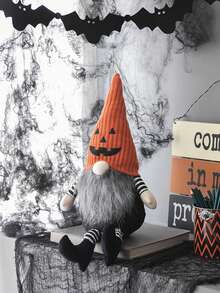 8.3x4.7x23.5" Fabric Sitting Gnome With Orange Knit Hat, For Halloween Decor