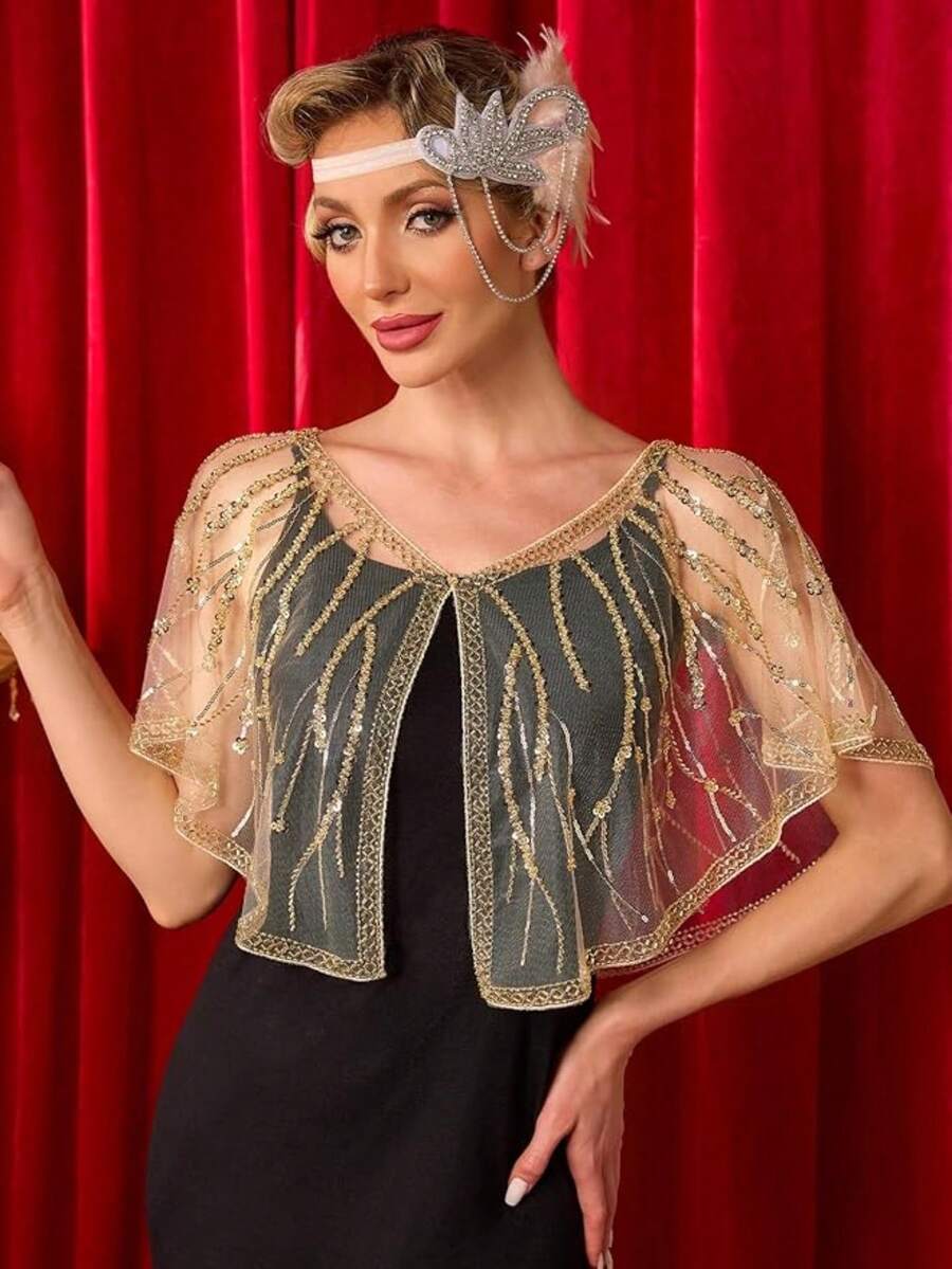 Women's 1920s Aesthetic Floral Embroidered Sequin Shawl Cape For Party And Evening - Multicolor - View 1