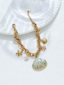 Mazuer 1pc 18K Gold Plated Colorful Vintage Elegant Summer Beach Boho Style Pearl Shell Multi-Pendant Bracelet, Gift For Girlfriend, Graduation, Thanksgiving, New Year, Valentine's Day, Festivals, Parties, Daily Wear, Vacation