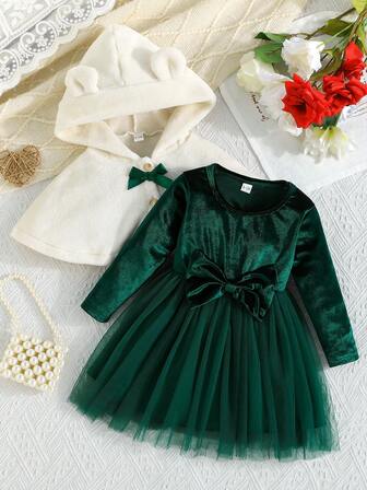 2-częściowy zestaw dla dziewczynek z puszystym kapturem, kardiganem i długim rękawem, z kokardą i siateczką, elegancki i modny