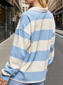 Y2k Women Striped Rugby Polo Shirt Long Sleeve Collared Oversized Vneck Sweatshirt Vintage Jersey Girls Streetwear - 藍色 - 查看 3