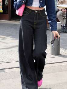 Y2K中腰直筒阔腿女牛仔裤牛仔原色休闲复古日常通勤显瘦百搭牛仔裤-秋季女装 - 單寧原色 - 查看 6