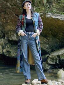 LUZU JUNU Women's Trench Coat Floral Print Long Cotton Linen Jacke Cottagecore Clothing Patchwork Outwear Bohemian Unique - 藍色毛絨襯裡 - 查看 5