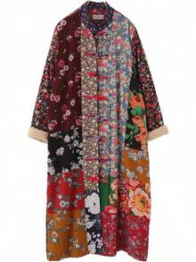 LUZU JUNU Women's Trench Coat Floral Print Long Cotton Linen Jacke Cottagecore Clothing Patchwork Outwear Bohemian Unique - 復古灰色毛絨襯裡 - 查看 2
