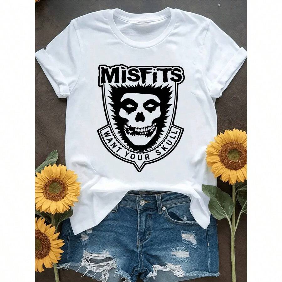 Misfits "I Want Your Skull" Graphic Women'S T-Shirt - Short Sleeve, Crew Neck, White With Black Lettering & Design, Casual Summer Top For Music Fans, Allseason Apparel | Band Merchandise | Sleek Fabric Shirt, Ladies T Shirts - 白色 - 查看 1