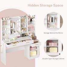 HaluPeit 39.3''  Vanity Desk With HD Mirror And Lights,  Makeup Vanity With Power Strip, 3 Drawers And 9 Storage Shelves, Storage Behind The Mirror, DressingTable With Bedside Table, White - View 7