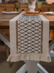 Tokoto 1PC Bohemian Style Linen Woven Table Runner, Farmhouse Country Woven With Tassels Table Runner, Suitable For Dining, Wedding, Bridal Shower - Multicolor - View 2