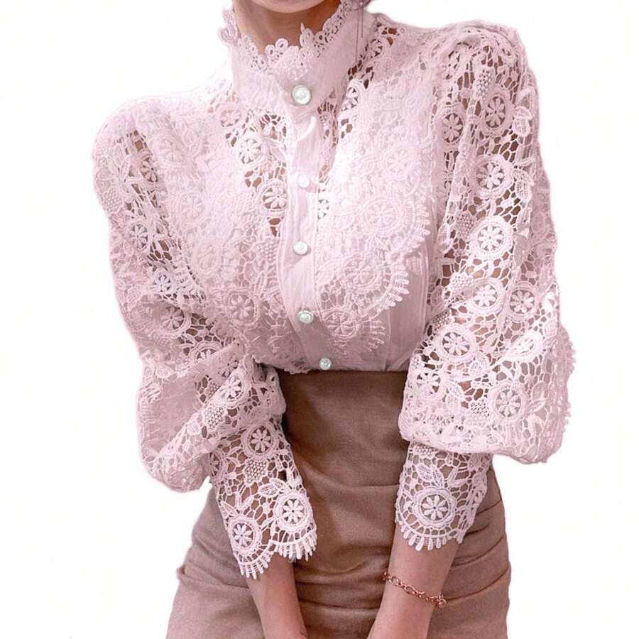Women's Lace Blouse, Long Sleeve Shirt With Lace Buttons - 粉色 - 查看 1