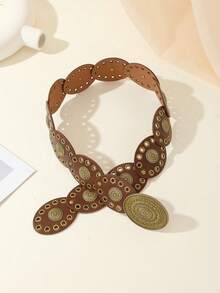 Hershine 1条波西米亚朋克复古网眼椭圆形腰带，女士适用，适合搭配连衣裙、日常穿着和度假，有加大码可选。 - 棕色1 - 查看 7