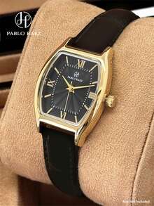 Pablo Raez 1pc 18K Gold Vintage Women's Watch, Original Charming Jewelry Ladies Watch, Summer Accessory Top Brand, Barrel-Shaped Stainless Steel Case, Luxury Women's Watch 50m Waterproof Roman Numeral Display, Casual Fashion Quartz Watch, Black Fiber PU Leather Strap, White Dial Vintage High-End Women's Watch, Teacher Gift, Suitable For Mother Or Girlfriend, Popular Style, Suitable For Party Decoration, Graduation Wedding Birthday Exquisite Gift - one-size - View 1