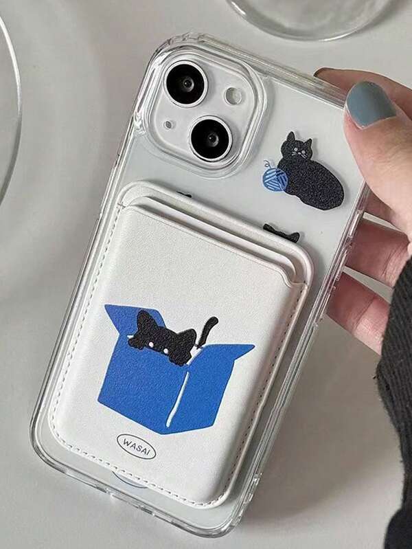 طقم كوري من تصميم فريد بتوضيح قطة سوداء مغناطيسية شفافة من الاكريليك لهاتف آيفون 17 برو ماكس/17 برو/هونفون 14/15 برو ماكس/13/12/11 مع حامل بطاقات جلدي مغناطيسي، حالة هاتف مضادة للسقوط