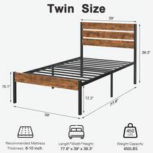 VECELO Queen Size Bed Frame With Wood Headboard, Metal Frame, Noise-Free Industrial Bed, Full & Twin Options, Platform Bed, Brown - 棕色 - 查看 10