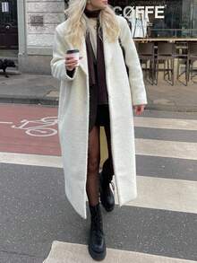 女士纯色纽扣口袋蓬松长外套，适合日常、上学、约会、旅行 - 白色 - 查看 1