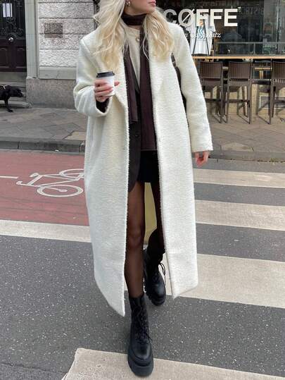 女士纯色纽扣口袋蓬松长外套，适合日常、上学、约会、旅行