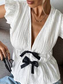 Women's Bow Detail Open Front Cardigan, Sweetheart Cover Up For Resort And Daily Wear - White - View 1