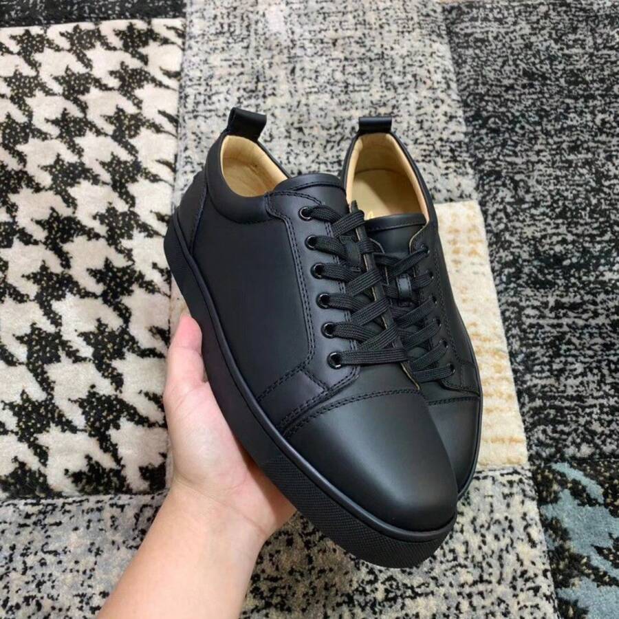 Red Sole Shoes Low Top Leather Shoes Rivet Anti Slip Wear-Resistant Lace-Up Board Shoes Casual Breathable - Da đen - Xem 1
