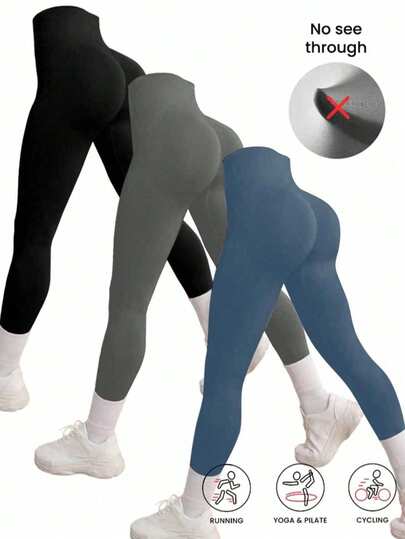 3pcs/Pack High Waist Seamless Yoga Pants, Sportswear Leggings, Breathable Stretchy Fabric, Suitable For Gym And Casual Wear, Wide Waistband