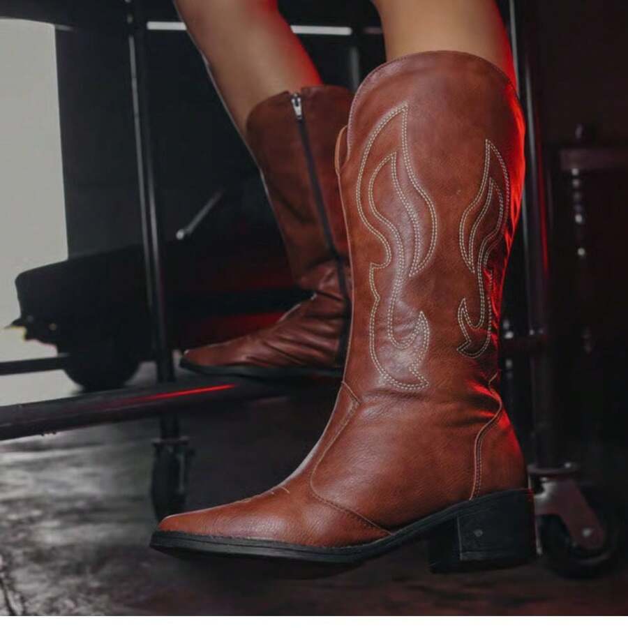 Women's Western High-Top Boot With Caramel Embroidered Country Embroidered Side Zipper Holiday - Lạc đà - Xem 1