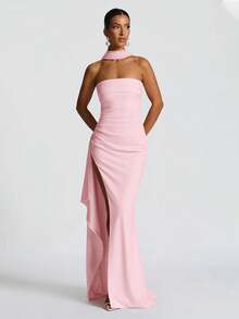 露背修身开衩连衣裙，配腰带，伴娘礼服，万圣节派对礼服，圣诞节派对礼服，优雅 - 粉色 - 查看 5