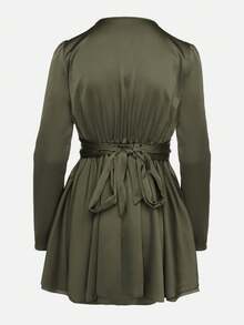 Satin Mini Dress With Deep Neckline And Tie Back - Khaki - View 7