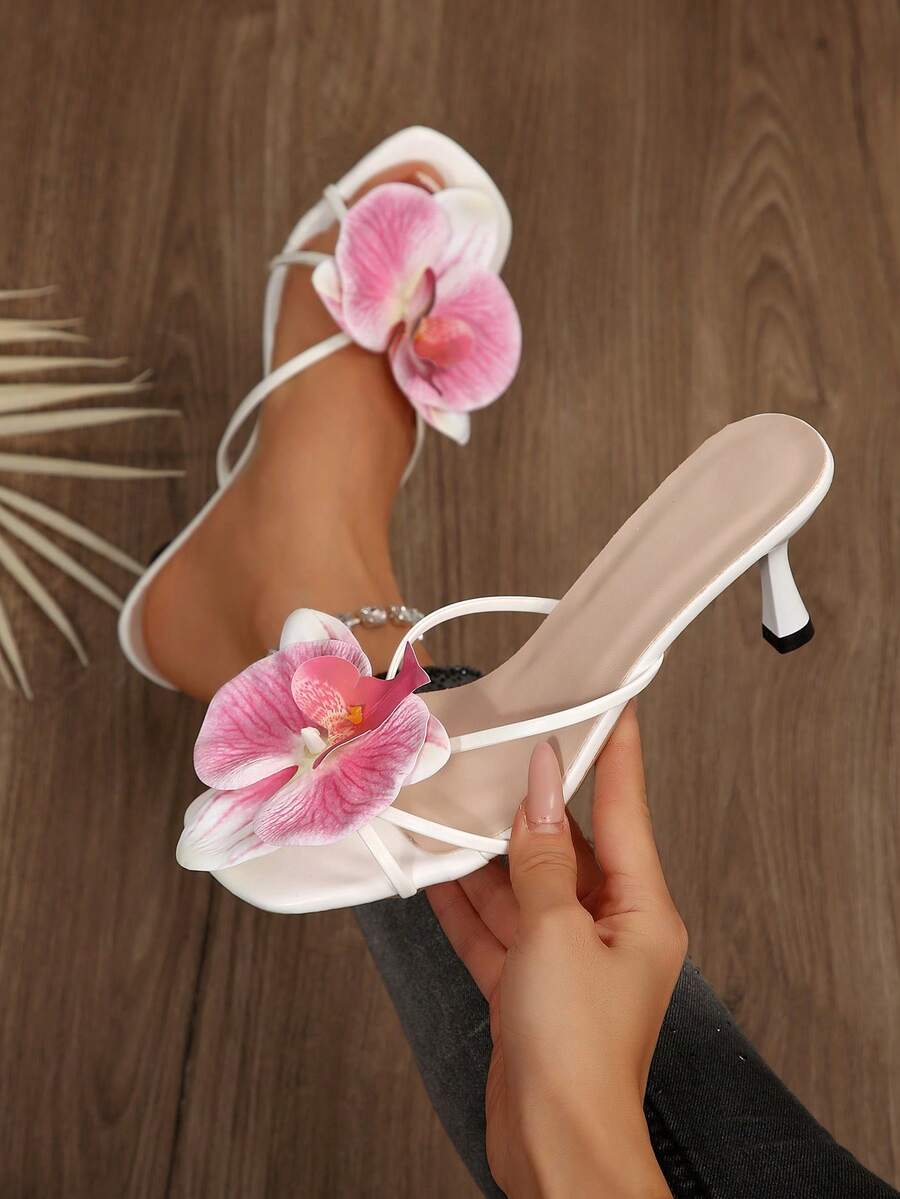 法式方头优雅纯色度假时尚沙滩女神PU皮花卉装饰温柔女神度假风细高跟凉鞋，适合沙滩、度假、高跟凉鞋、女士凉鞋、婚礼、夏季、猫跟鞋