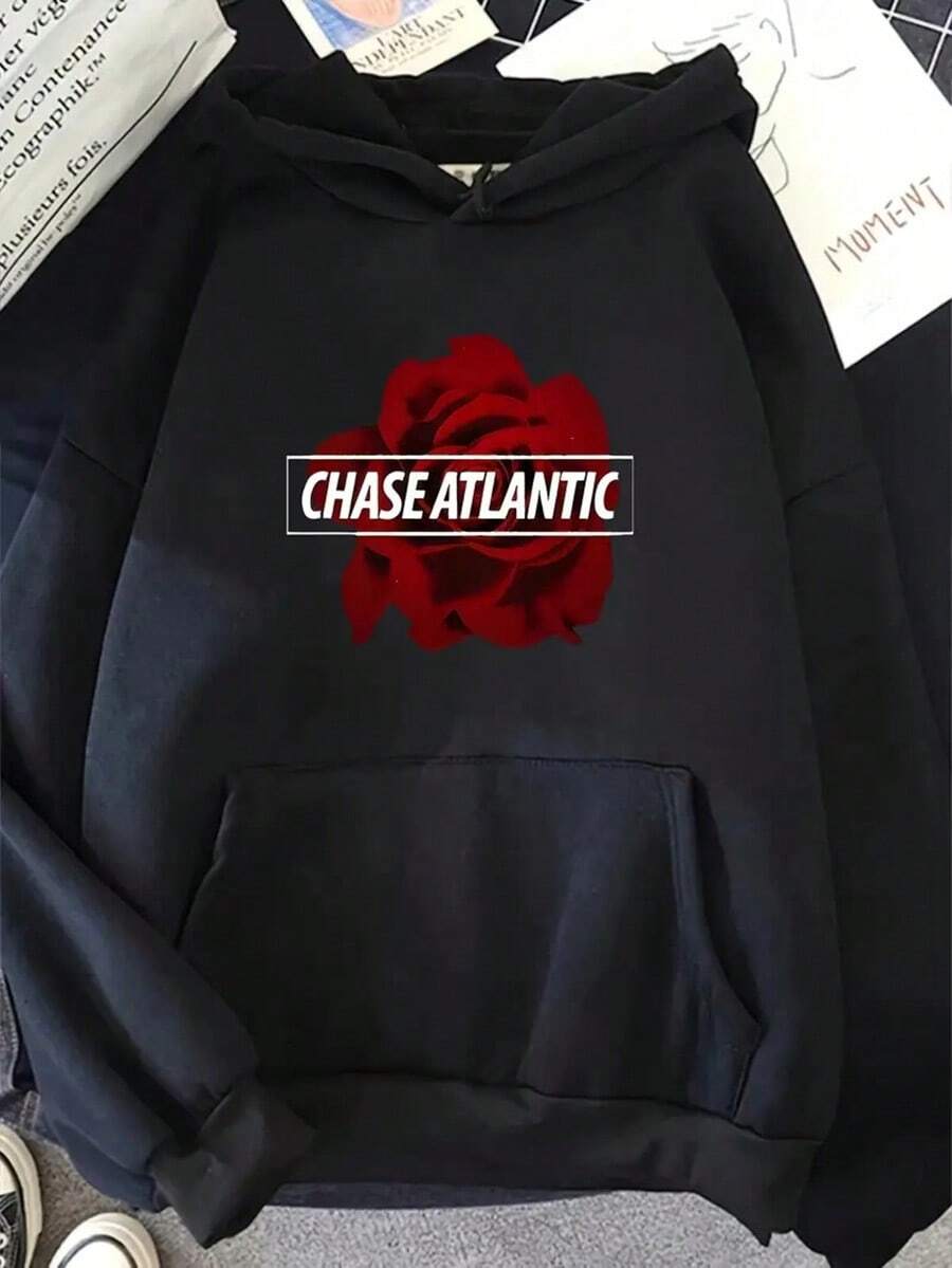 Women'S And Men'S Casual Sports Hoodie - High-Quality Soft Fabric, Red Rose Print, "Chase Atlantic" Design, Comfortable Pullover For Couples, All-Season Wea,Fall Hoodies,Men's Fall Clothes,Street Wear,Halloween,Mens Hoodies,Y2k Clothes,Jesus Hoodie,Thanksgiving Day,Nightmare Before Christmas,Christmas - 黑色 - 查看 1