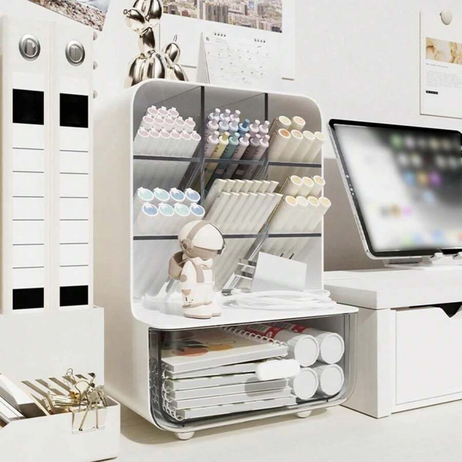 Portaplumas oblicuo de gran capacidad para estudiantes, caja de almacenamiento de papelería, estante de almacenamiento de escritorio para escuela y oficina, caja de almacenamiento de escritorio - Color crema - Ver 1