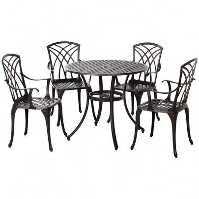  Outsunny 5 Pieces Garden Dining Set For 4, Cast Aluminium Outdoor Dining Set With 4 Armchairs And Round Dining Table With Parasol Hole, Garden Furniture Set, Brown