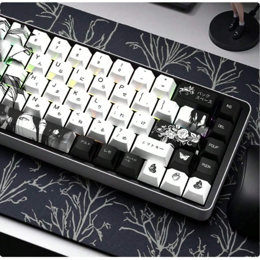 129 Engraved Translucent Side Carving Keycaps, Mechanical Keyboard Caps, Black And White Color Matching, Anime Keyboard - Đen và trắng - Xem 1