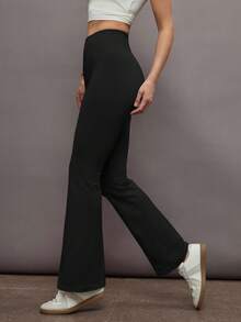 Activina Solid Color High Waisted Elastic Flared Pants, Sportswear - Black - View 2
