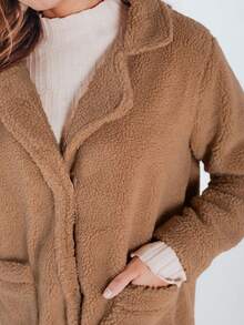 Women's Faux Fur Winter Coat With A Classic Collar And Practical Pockets. Elegant Oversized Teddy Bear Coat That Hits Mid-Thigh. Stylish Coat For Cold Weather. Soft Outer Shell With Polyester Lining. - Camel - View 3