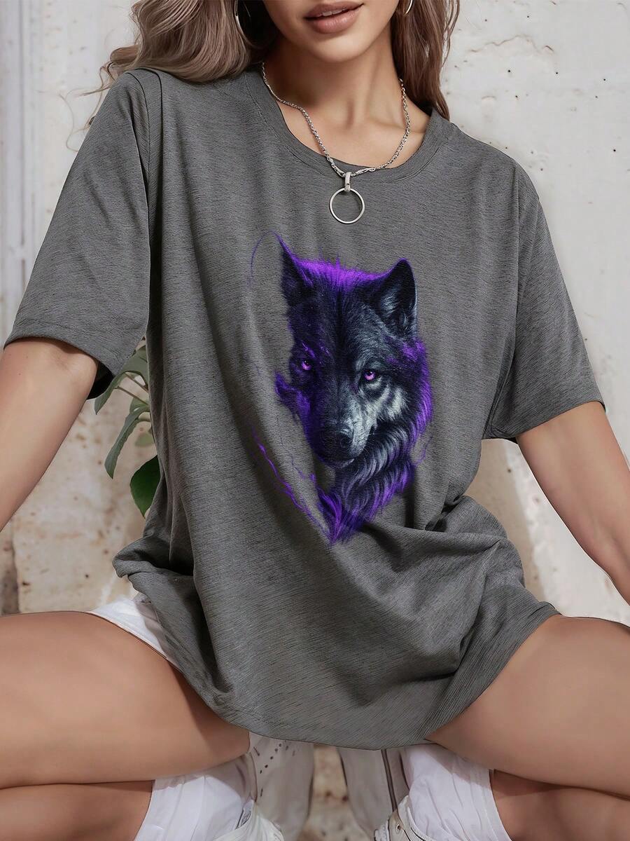 Mujer Playera con Diseño de Lobo Negro Morado Artístico Gráfico para Halloween - Gris - Ver 1
