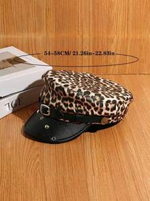 1pc Women's Leopard Print Beret Hat, PU Leather Decor Buckle, Autumn/Winter Retro Flat Top Cap, Suitable For Back To School, Student Fashion, Party Themes, Street Style, Halloween