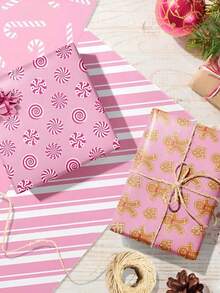 12pcs Pink Christmas Wrapping Paper With Snowflake Gingerbread Man Designs - Festive Decorative Packaging Sheets For Holiday Presents, Vibrant Color Prints, Ideal For Christmas Party Gifts, Friend & Lover Gift Wrapping Christmas Christmas Decorations Christmas Pajamas Christmas Gifts Christmas Decor