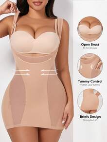 Women's Open Bust Sculpting Chest Dress Support Body Shaper-Dress Mesh One Piece Full Slip Tummy Control Shapewear With Adjustable Strap