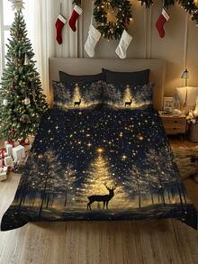 Bộ chăn ga gối in kỹ thuật số họa tiết cây thông Noel, quà tặng, bông tuyết, hươu, ông già Noel, mềm mại và thoải mái, thích hợp cho phòng ngủ, phòng khách, phòng trò chơi, khách sạn, ký túc xá trường học - Nhiều màu - Xem 1