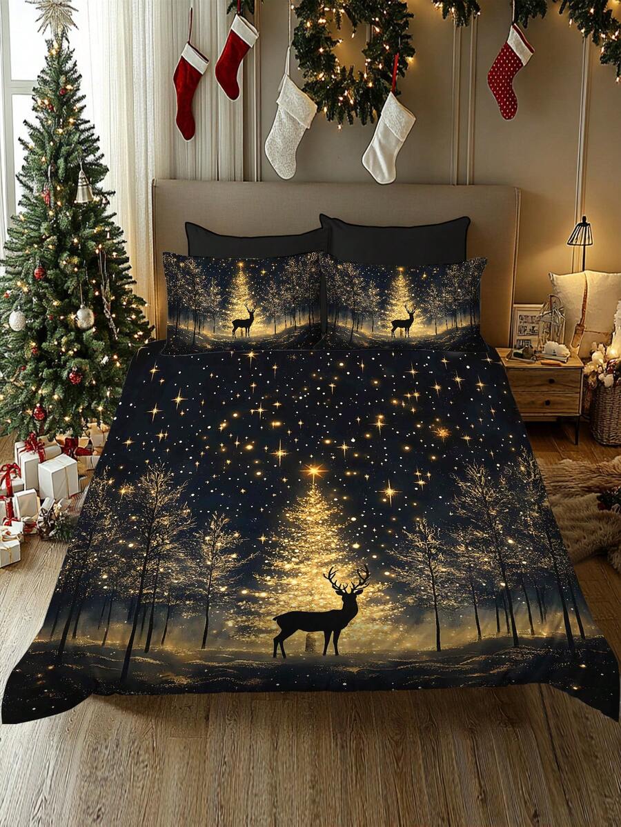 Bộ chăn ga gối in kỹ thuật số họa tiết cây thông Noel, quà tặng, bông tuyết, hươu, ông già Noel, mềm mại và thoải mái, thích hợp cho phòng ngủ, phòng khách, phòng trò chơi, khách sạn, ký túc xá trường học - Nhiều màu - Xem 1