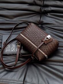 1 件女士高品质纯色 PU 压花编织格子小手提包，女士手提包带手柄，斜挎包，编织手提包，时尚简约优雅多功能经典编织 PU 材质黑色包带金属锁装饰，适合通勤、办公室、约会、日常购物、下午茶等场合 - 彩色 - 查看 7