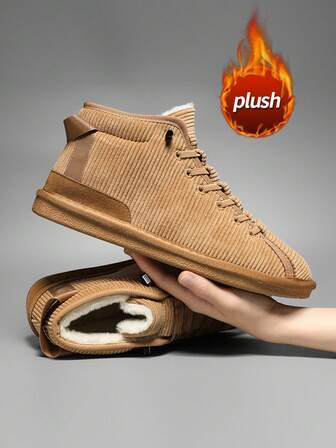 男士雪地靴绒面纯色复古百搭高帮鞋，保暖内衬，松紧带设计，保暖毛皮衬里，秋冬男士必备，高帮中筒毛皮鞋，户外运动滑雪耐磨防滑经典双色厚底抓绒鞋