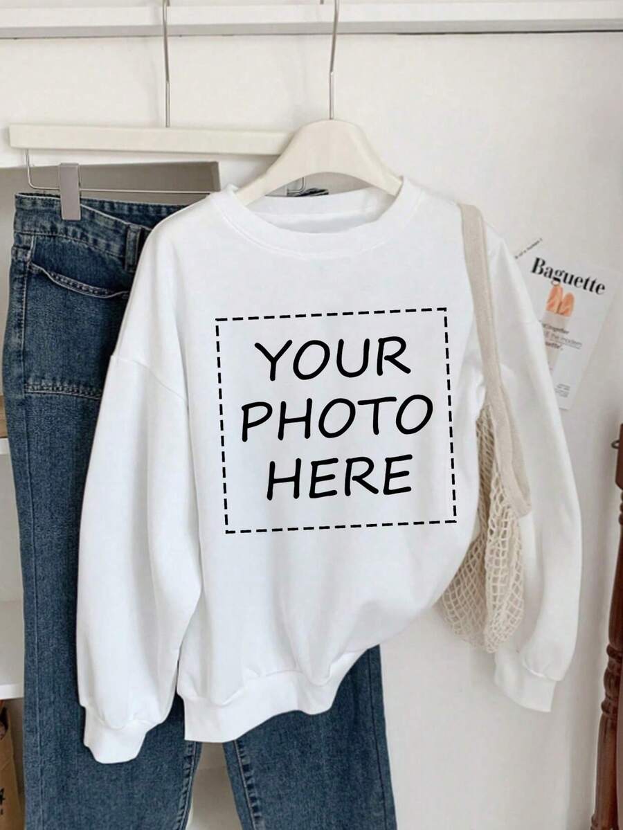感恩节定制个性化礼物，圣诞节礼物 - 定制一件女士上衣，添加您自己的文字/图片（徽章图案/公司标志/家庭照片/自拍）来设计您专属的个性化印花T恤，作为送给女朋友的礼物，情侣约会T恤，运动连帽衫，可以印制情侣照片/自拍、狗狗、猫咪等，美观时尚，白色春季款，适合健身穿着 - 白色 - 查看 1