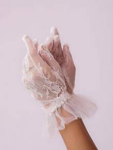 Sacina Gothic Imitation-Pearl White Gloves, Mesh Lace Bridal Gloves, Goth Y2k Lolita Accessories, Costume Accessories