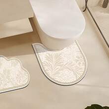 1/3件套浴室防滑吸水垫，花卉图案硅藻土垫，浴室套装，U型马桶垫和洗手池脚垫，2.5毫米厚，浴室厨房装饰，圣诞装饰，厨房地毯 - 米色 - 查看 3